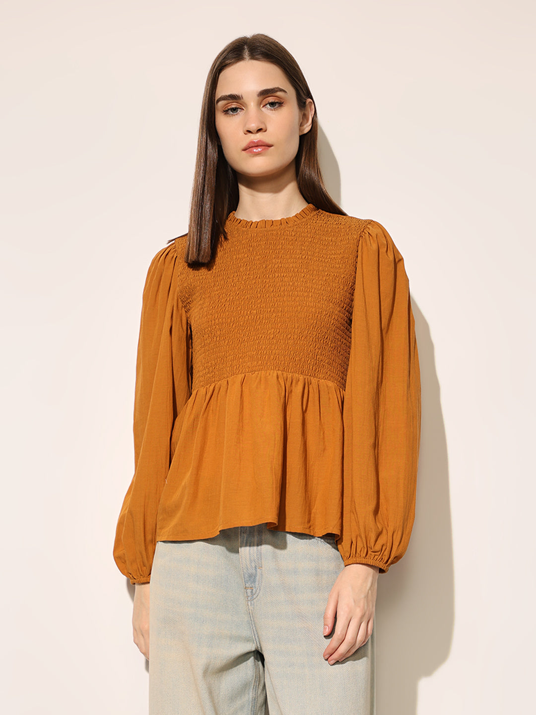 Brown Smocked Peplum Top