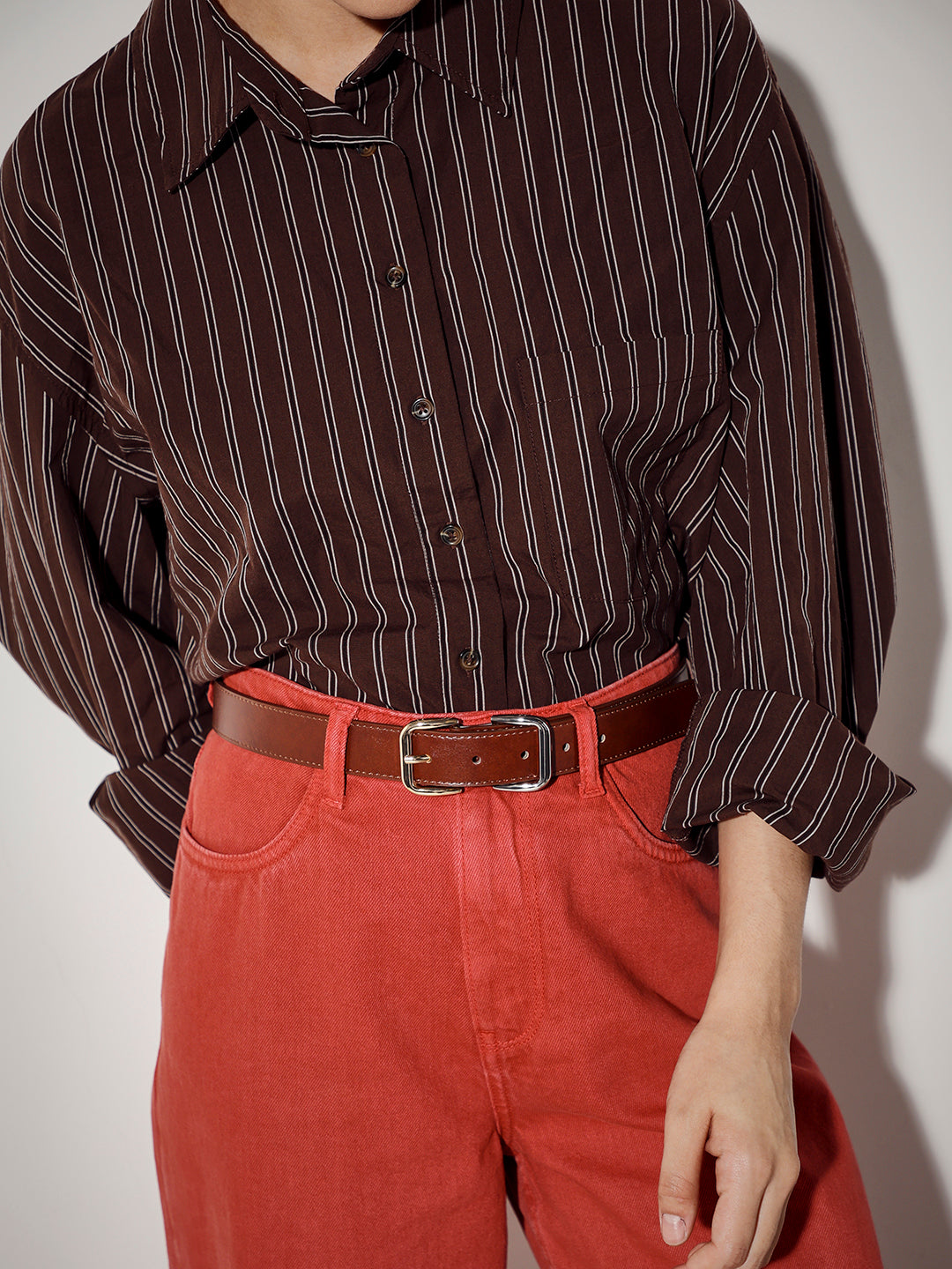 Brown Double Buckle Narrow Belt - 80 cm