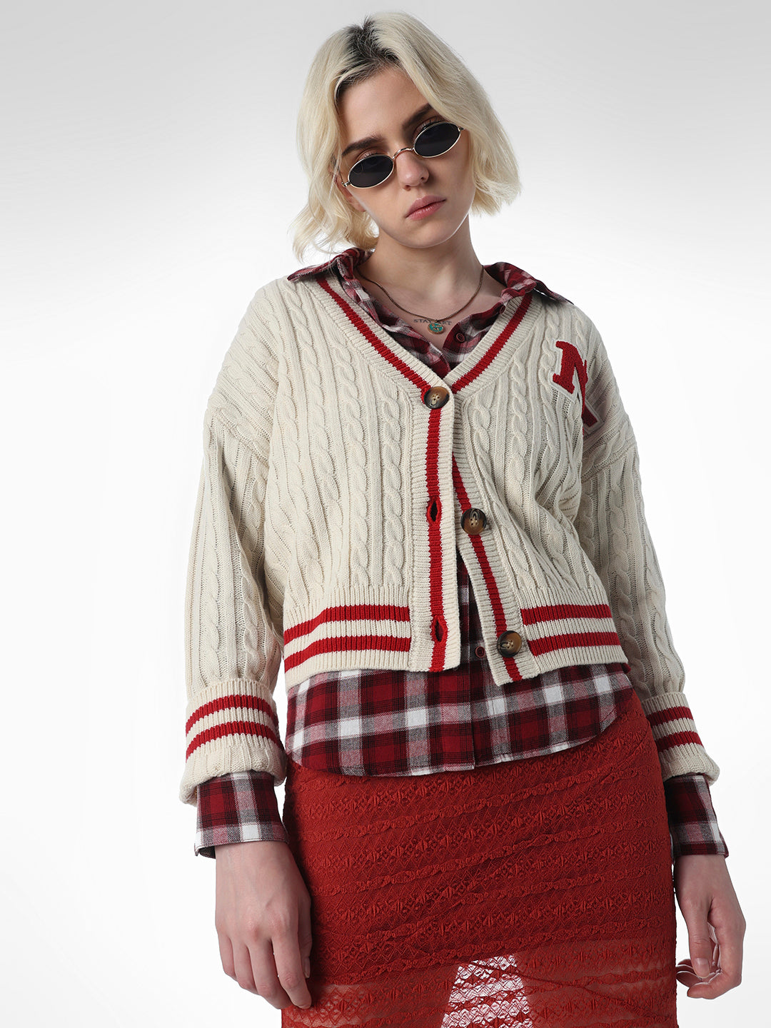 Beige Soft Knit Applique Detail Cardigan - L