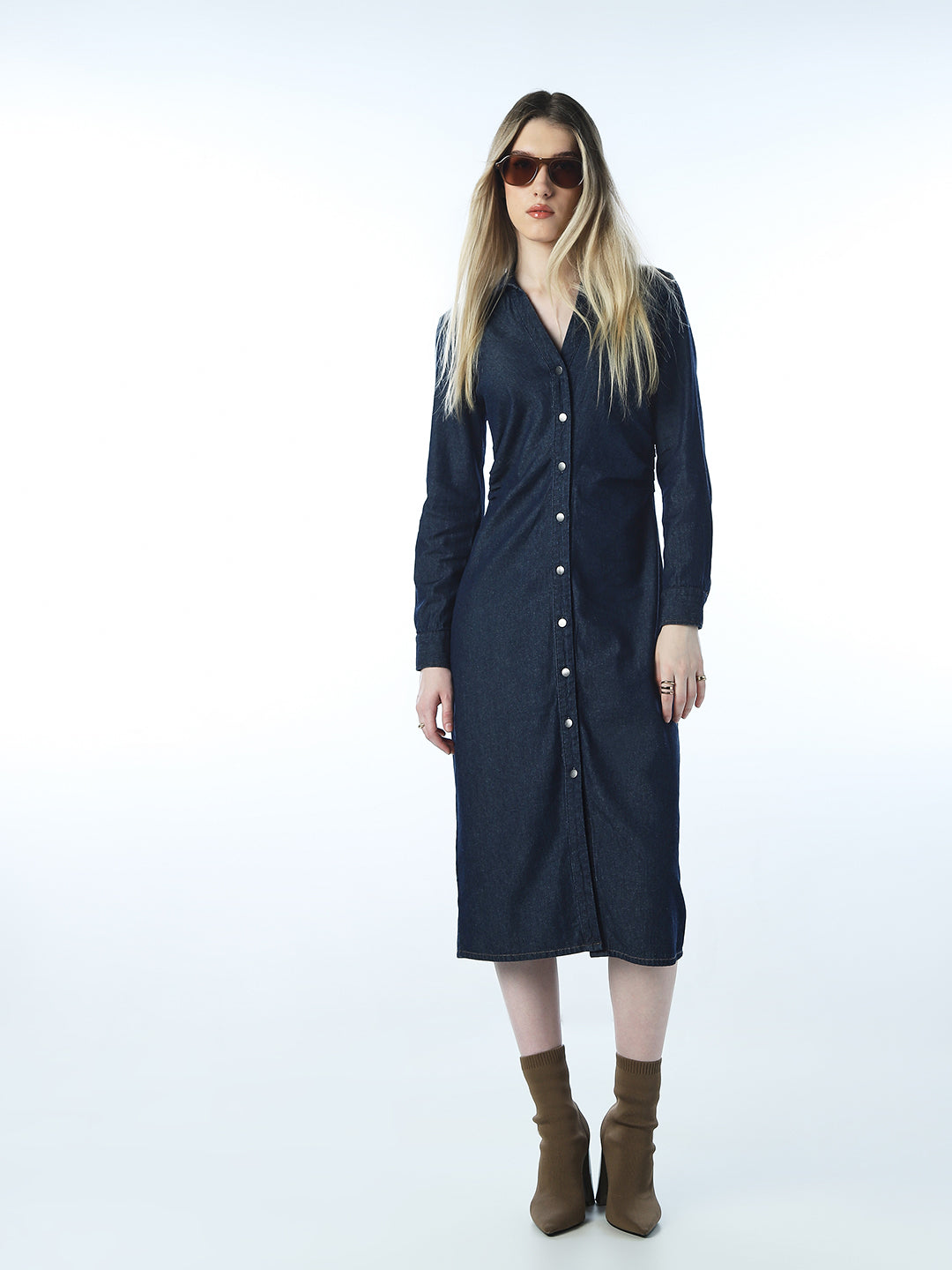 V-Neck Midi Denim Dress - XS