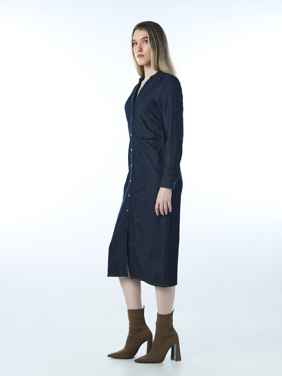 V-Neck Midi Denim Dress