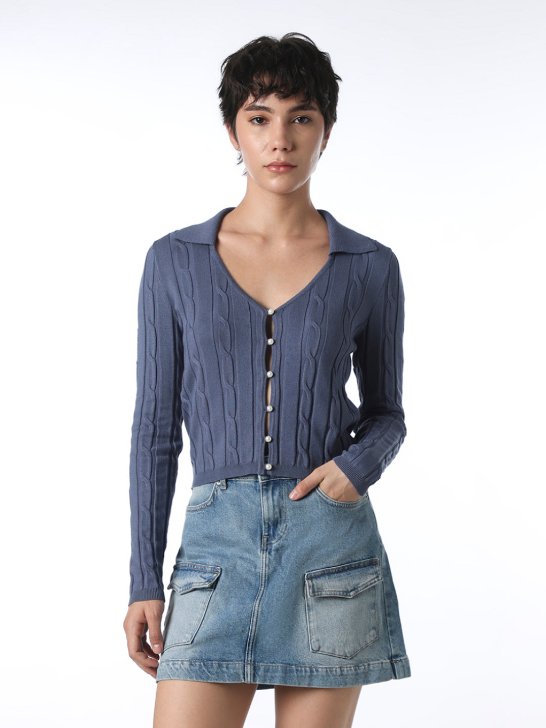 新品未開封 / S rhinestone cardigan cropped Blue Cable Knit Cropped Cardigan