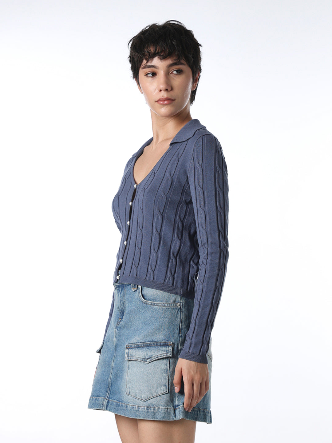 【HEUTE】Double Rib Cropped Knit Cardigan Blue Cable Knit Cropped Cardigan