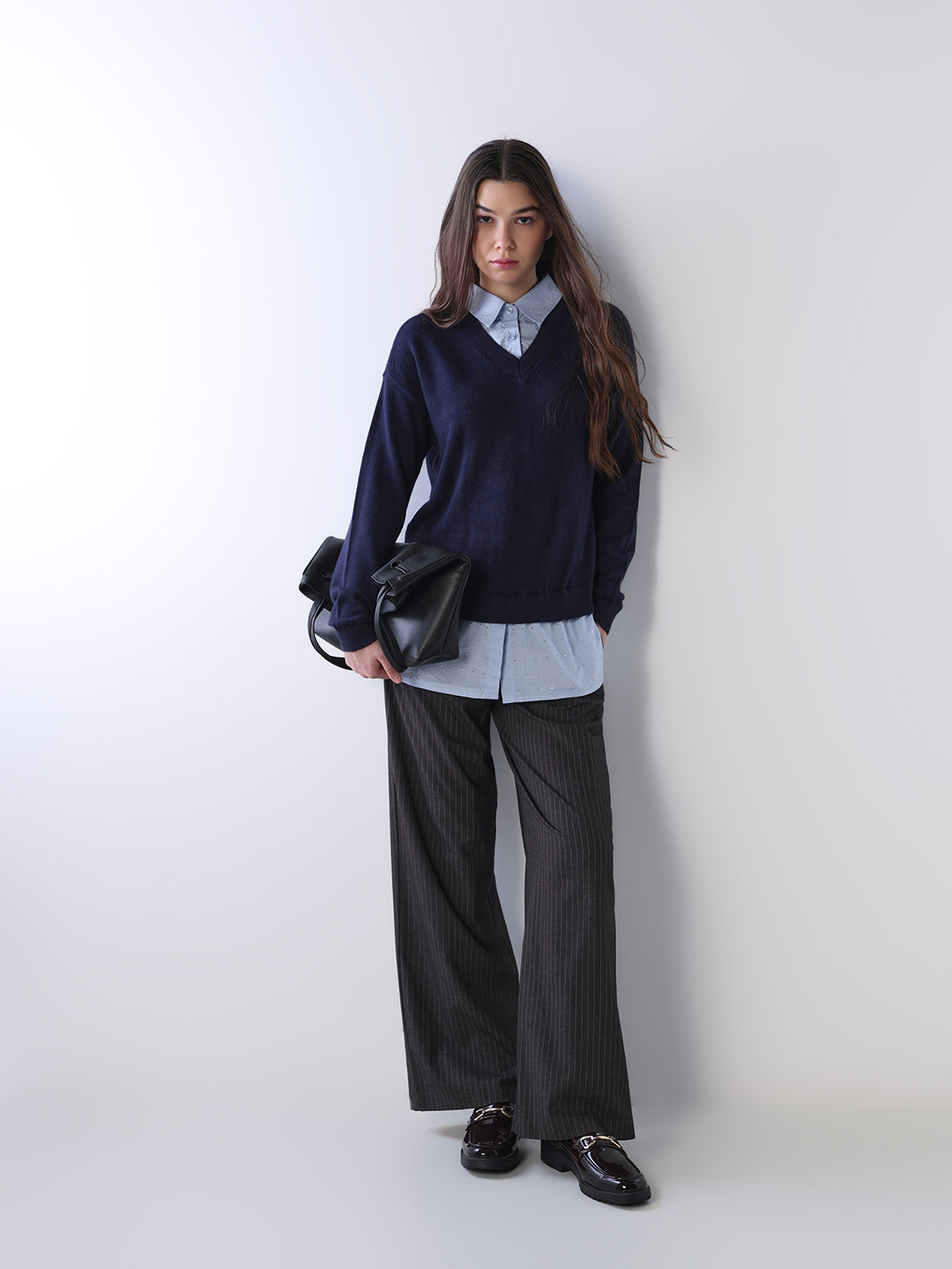 Mock Shirt Embellished Pullover - Navy Blue