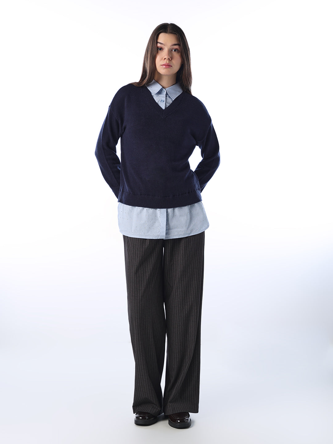 Mock Shirt Embellished Pullover - Navy Blue