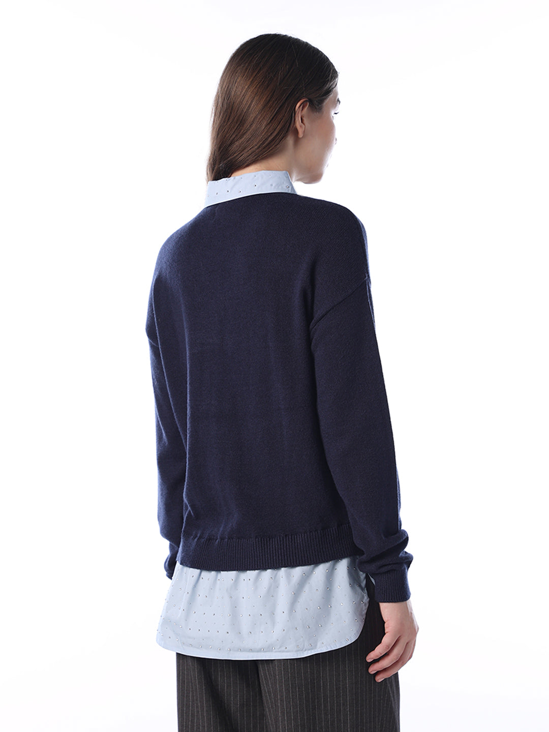 Mock Shirt Embellished Pullover - Navy Blue