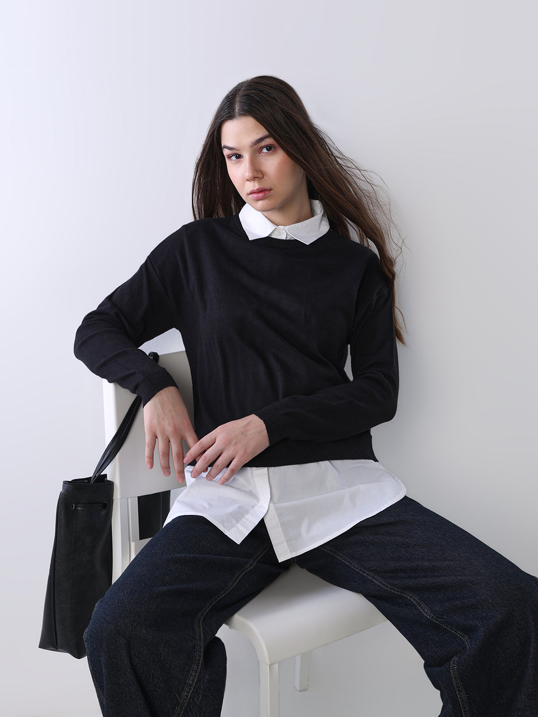 Mock Shirt Embellished Pullover - Black - XS