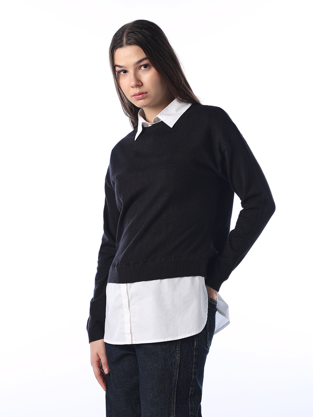 Mock Shirt Embellished Pullover - Black