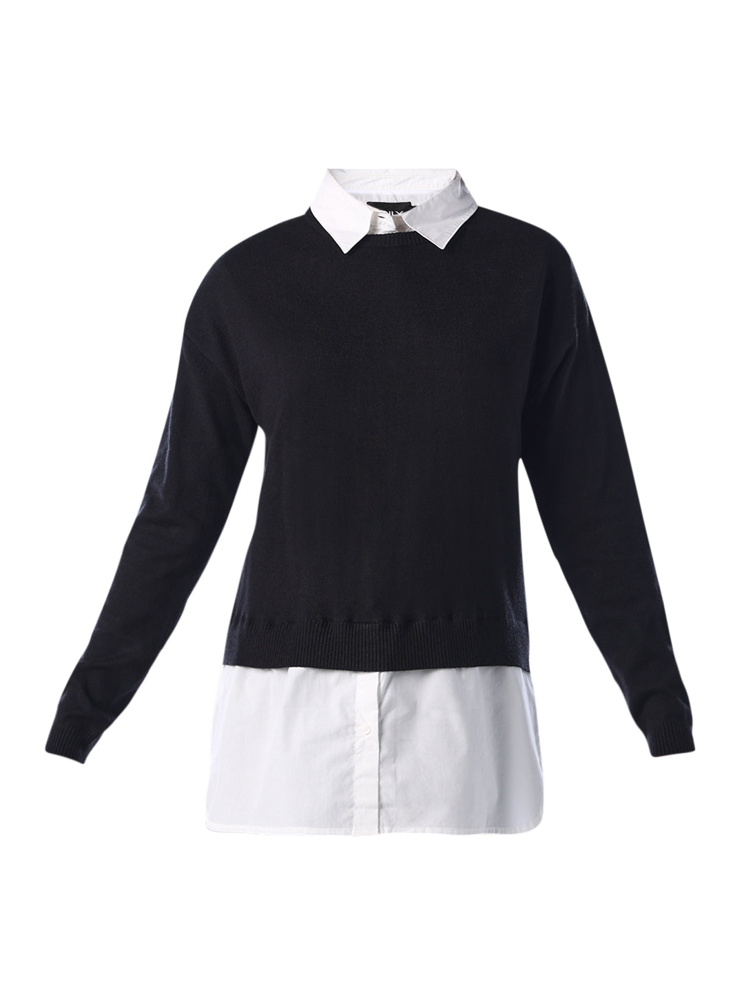 Mock Shirt Embellished Pullover - Black