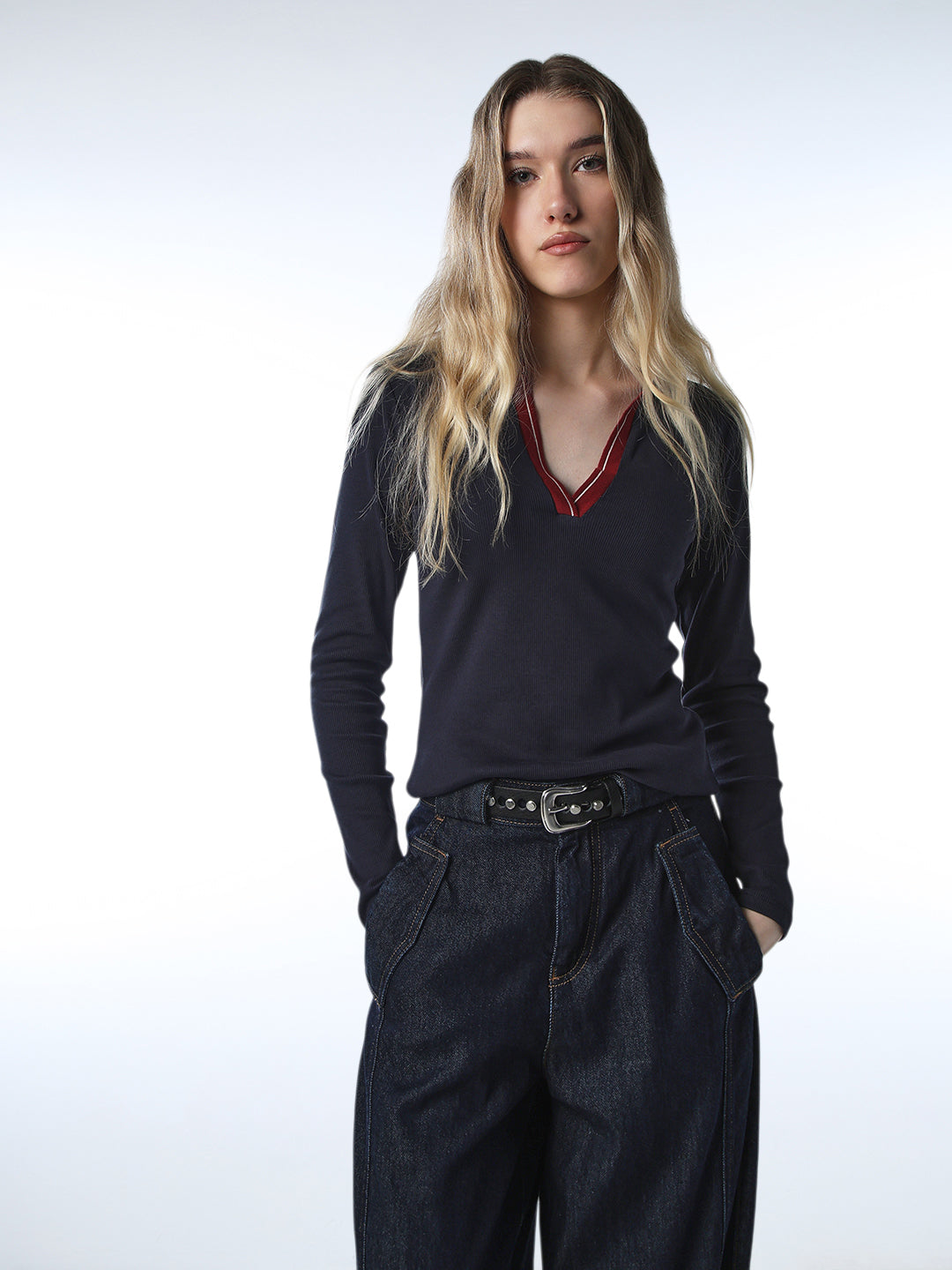 Contrast Collar V-Neck Polo - XS