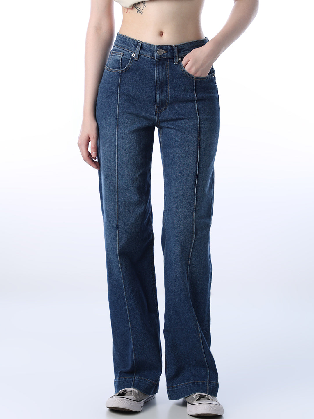 High Rise Pintuck Wide Leg Jeans
