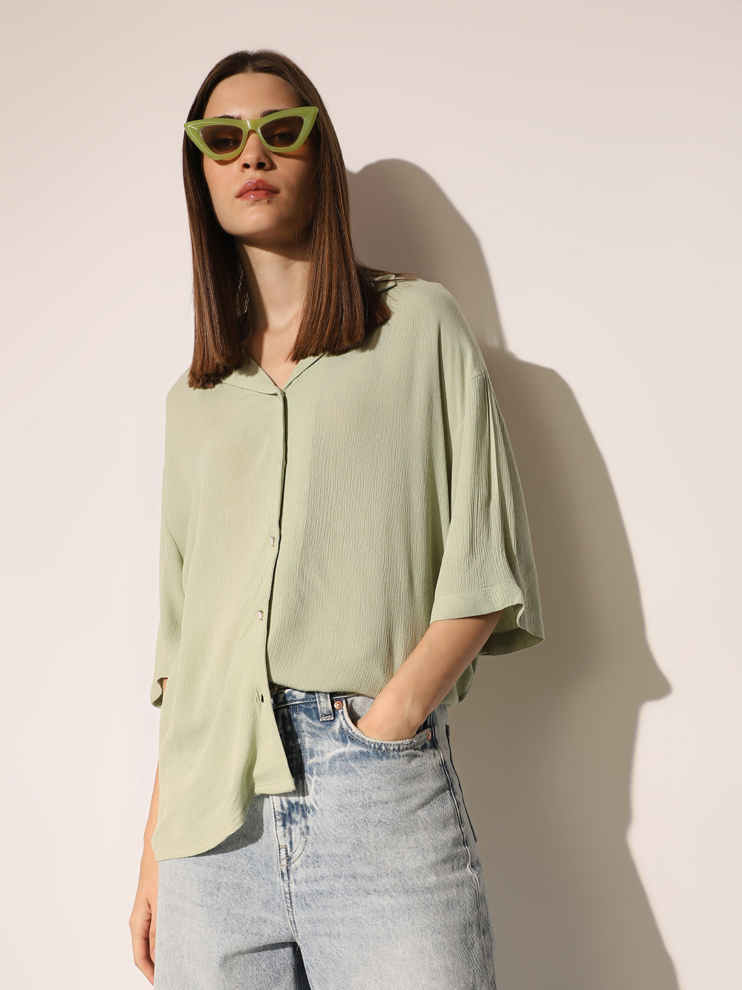 Green Textured Oversized Shirt