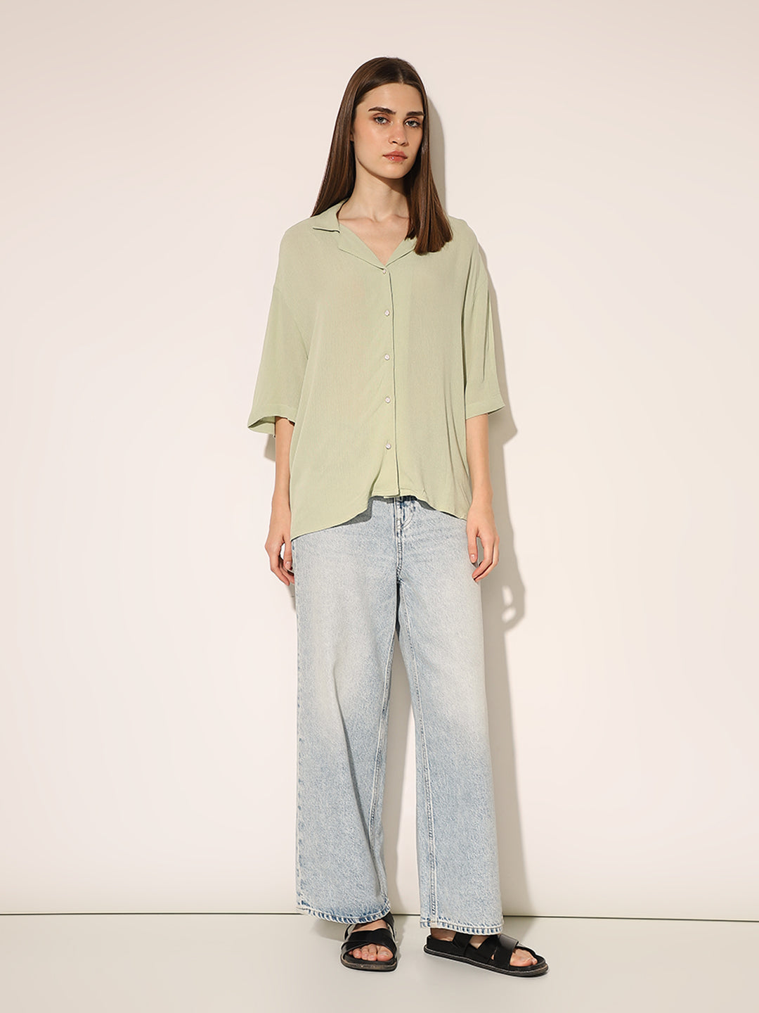 Green Textured Oversized Shirt