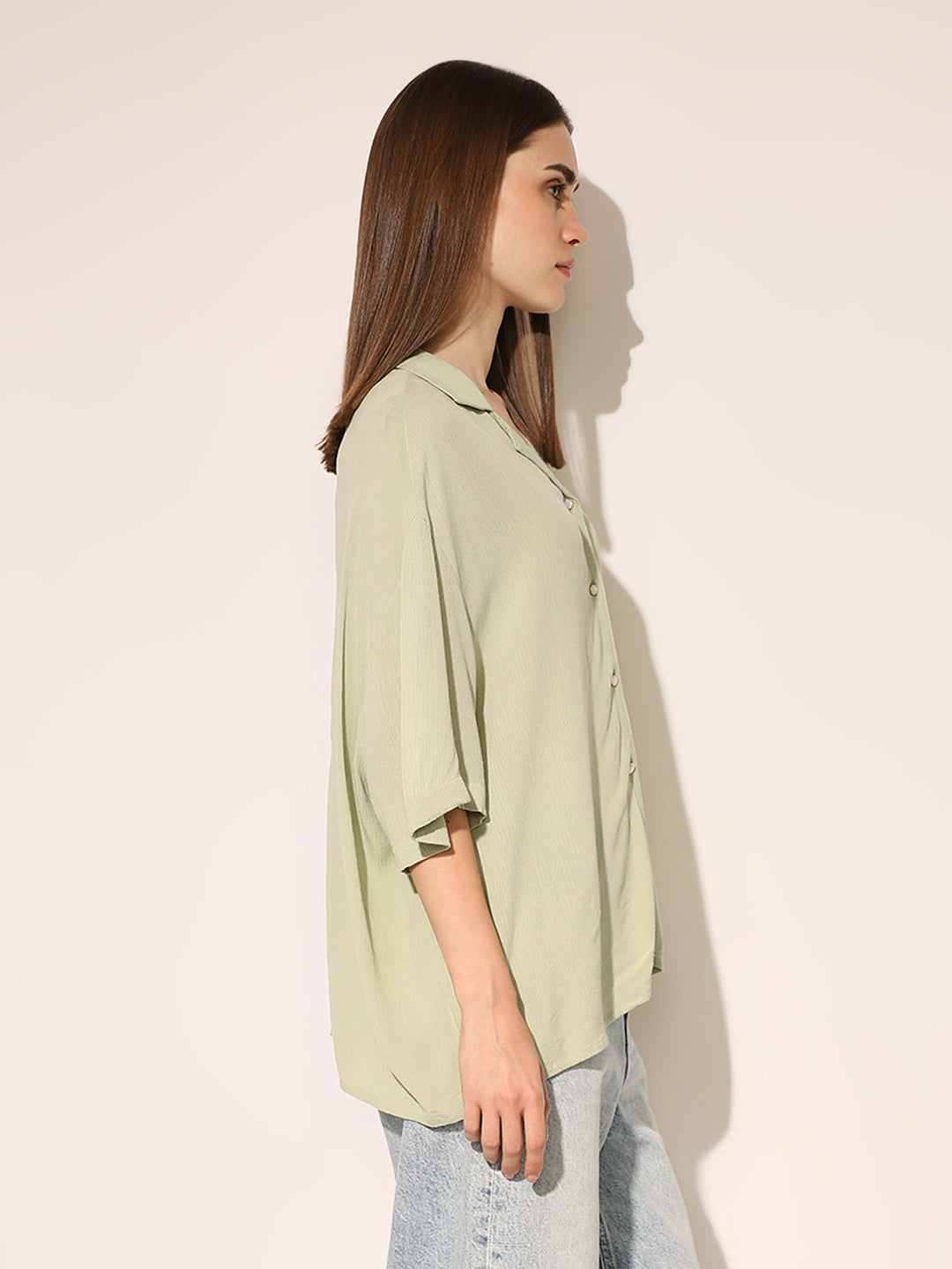 Green Textured Oversized Shirt