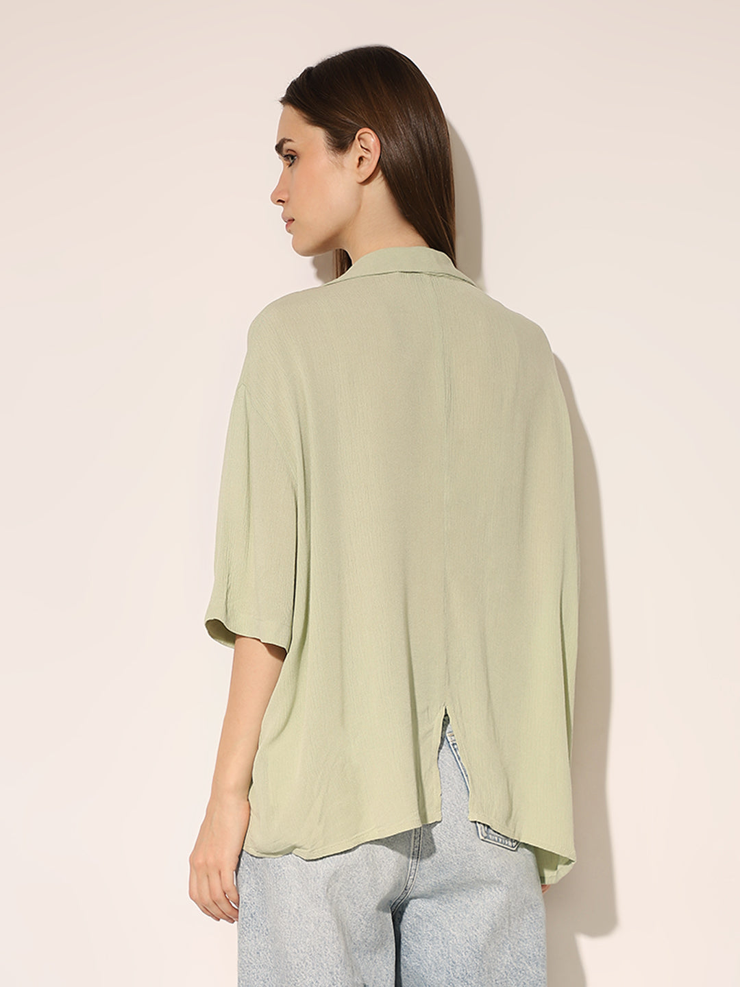 Green Textured Oversized Shirt
