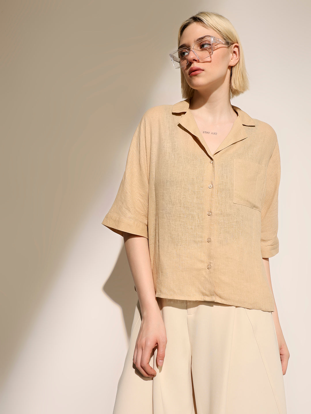 Beige Linen Blend Oversized Shirt