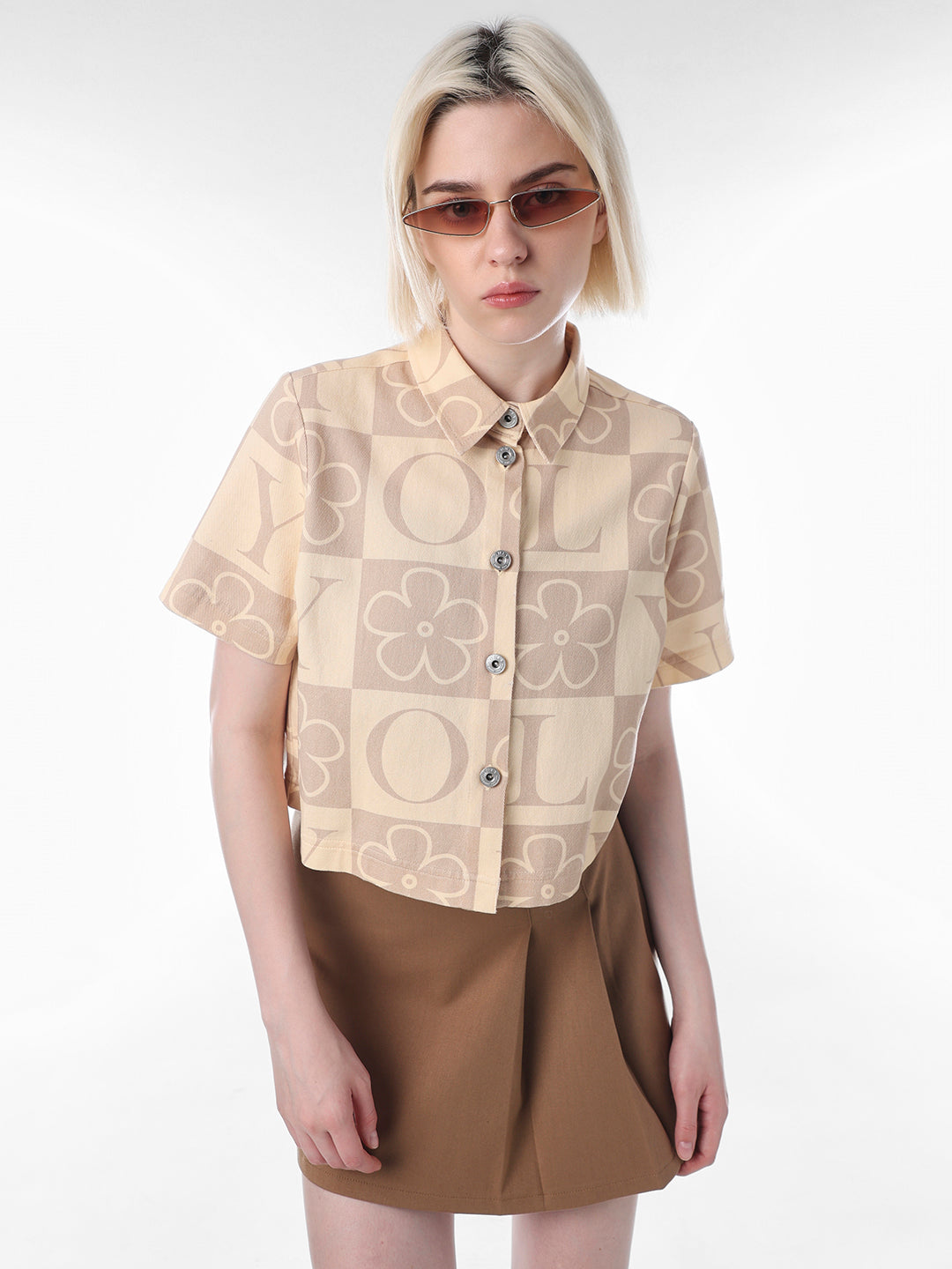 Beige Printed Cropped Cotton Shirt