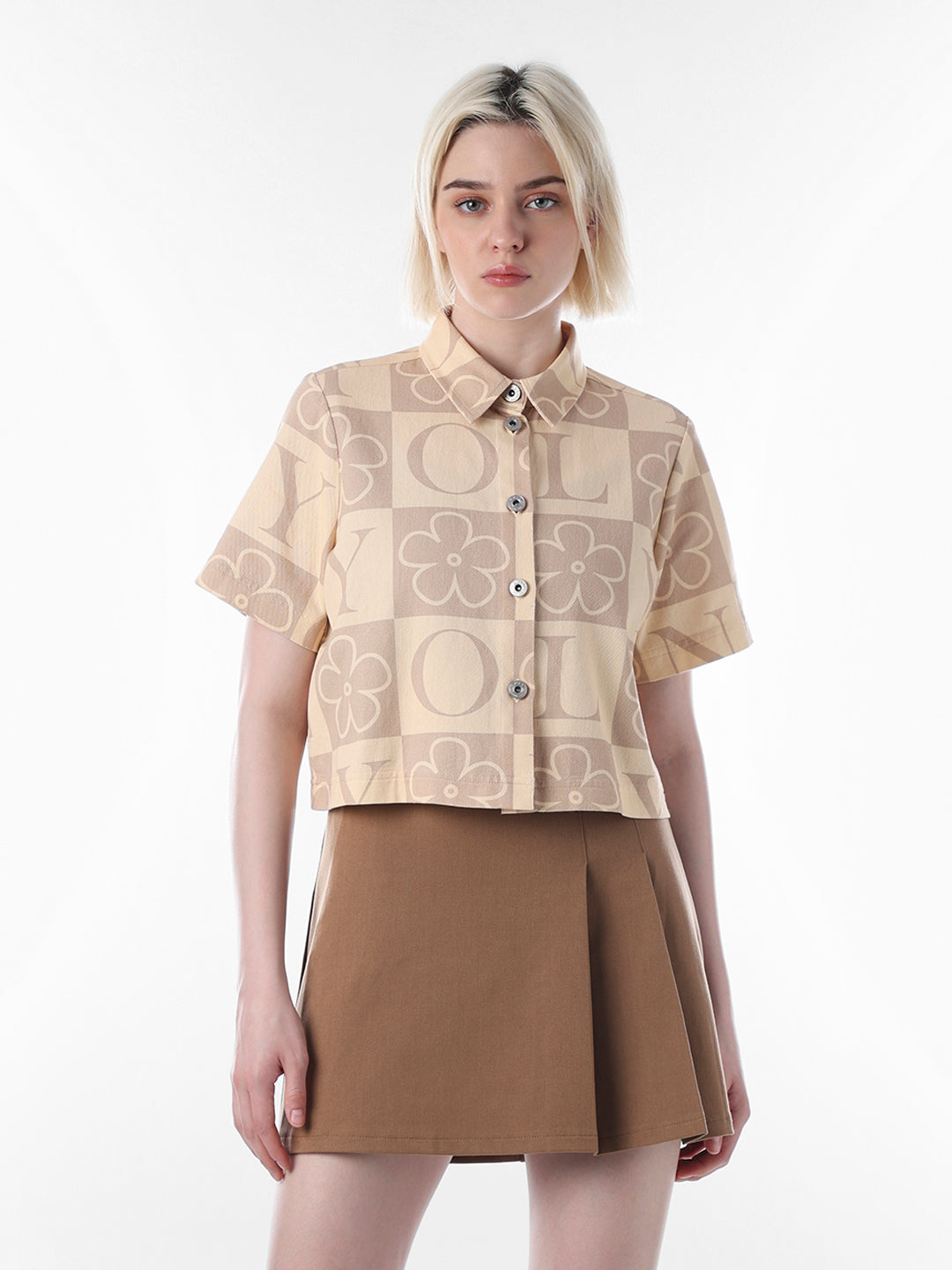 Beige Printed Cropped Cotton Shirt