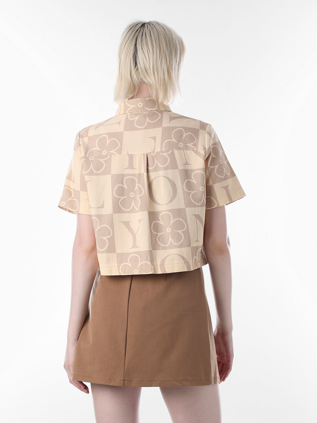 Beige Printed Cropped Cotton Shirt