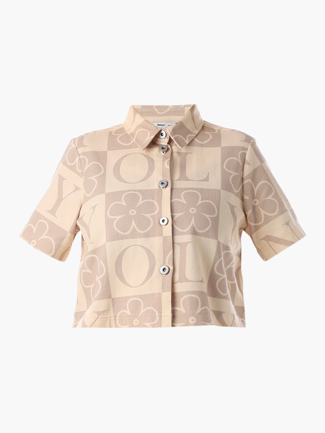Beige Printed Cropped Cotton Shirt