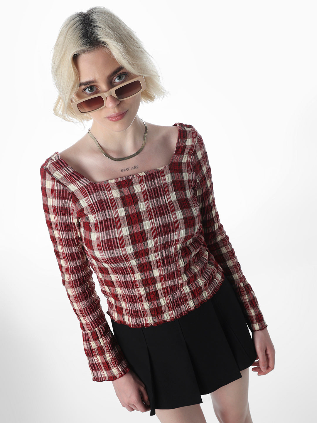 Maroon Check Smocked Top - XS