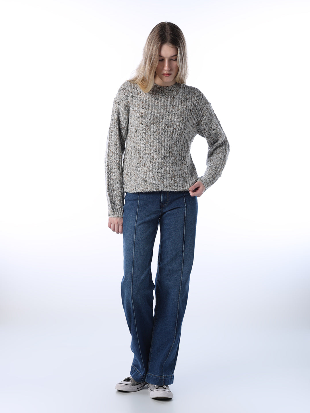 Rib-Knit O-Neck Pullover
