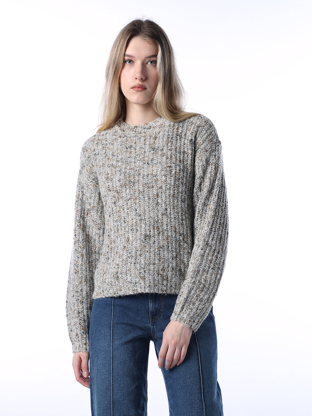 Rib-Knit O-Neck Pullover