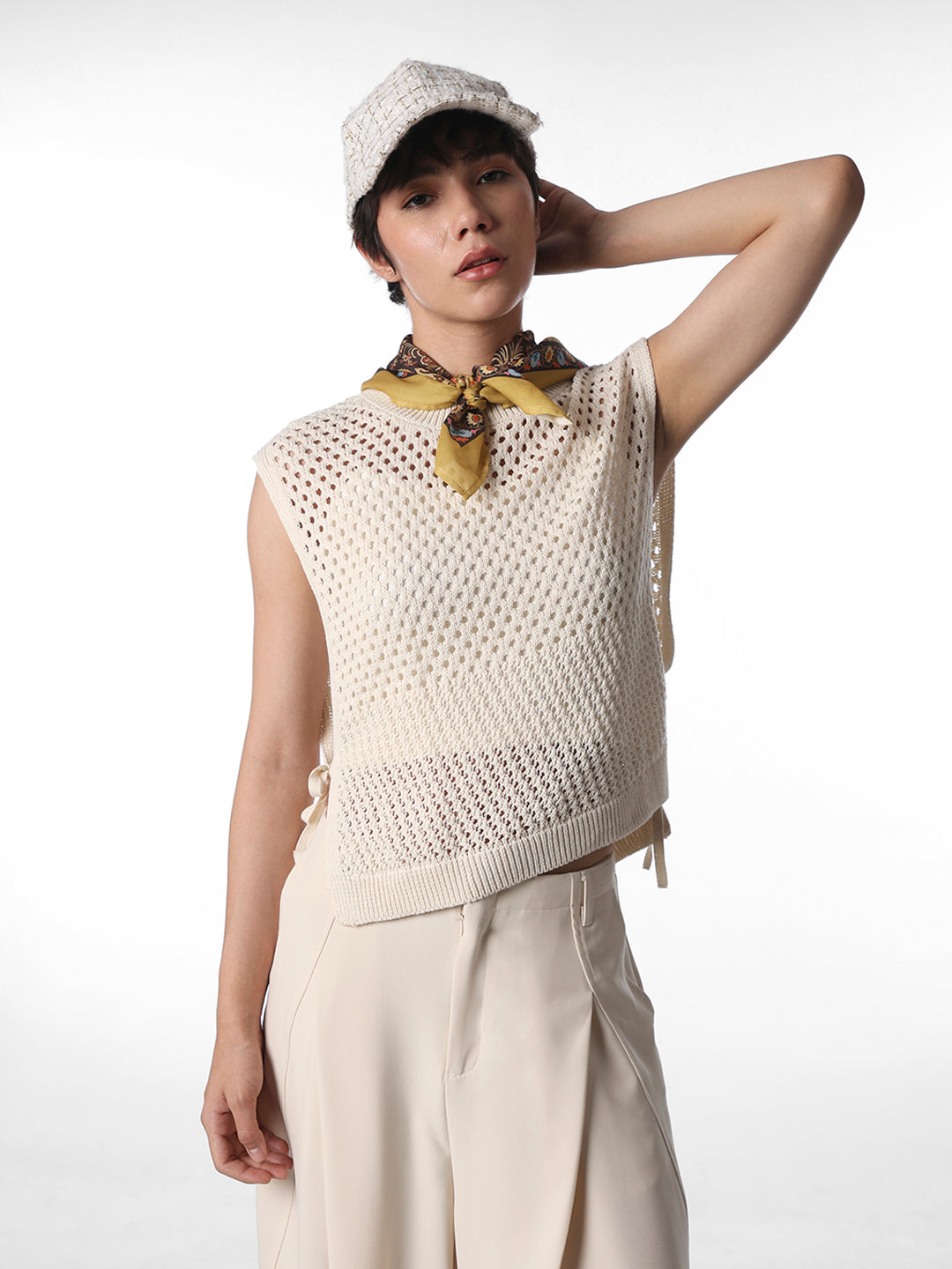 Ecru Pointelle-Knit Sweater Vest
