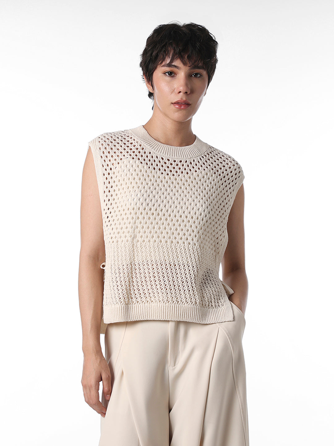 Ecru Pointelle-Knit Sweater Vest
