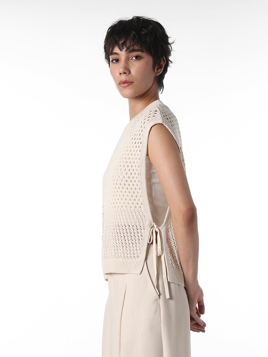 Ecru Pointelle-Knit Sweater Vest