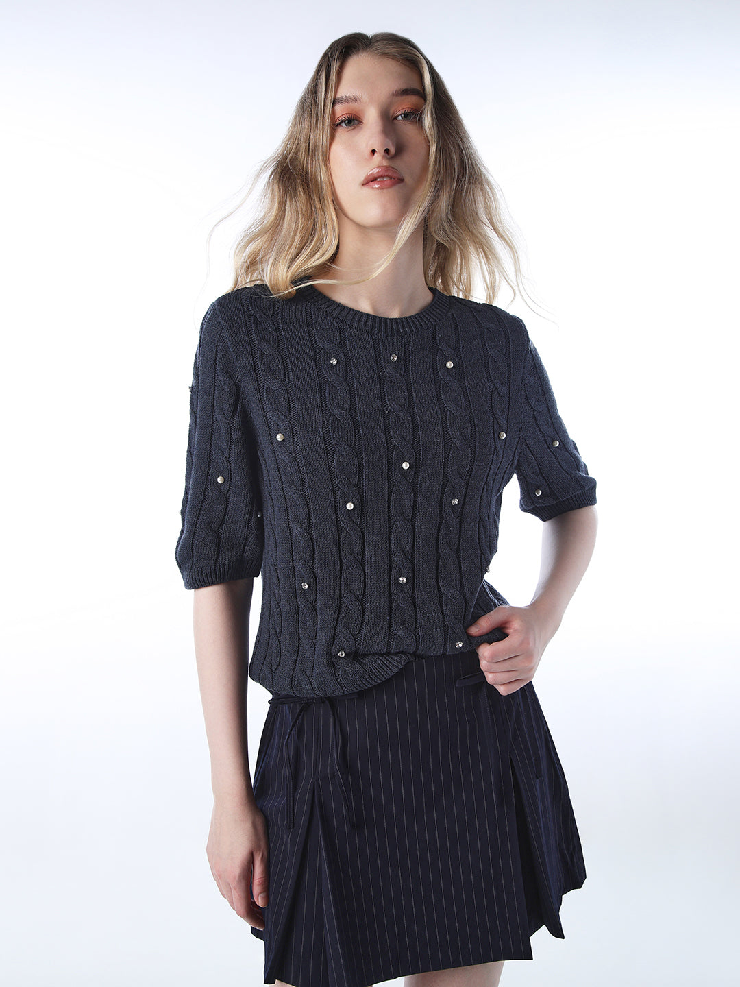 Rhinestone Cable Knit Pullover - Navy Blue - XS