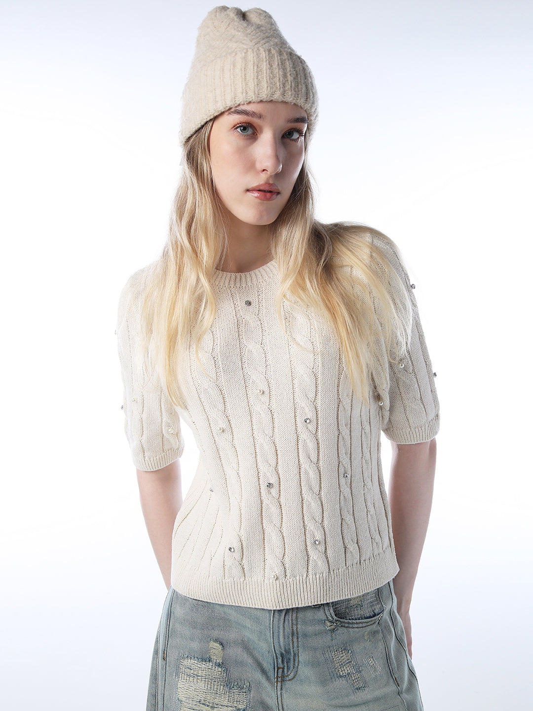 Rhinestone Cable Knit Pullover - Ecru - S