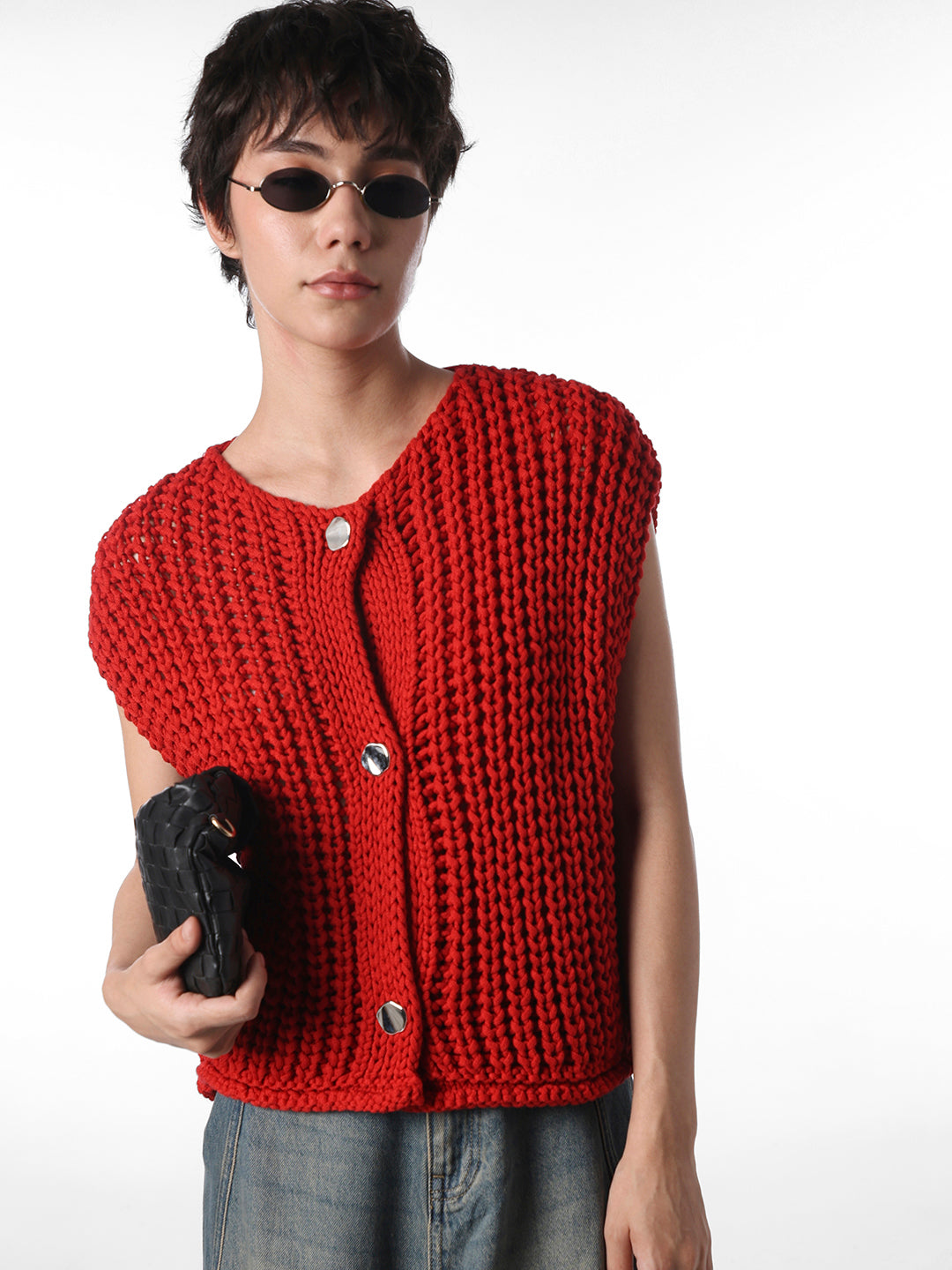 Red Ribbed Button Sweater Vest