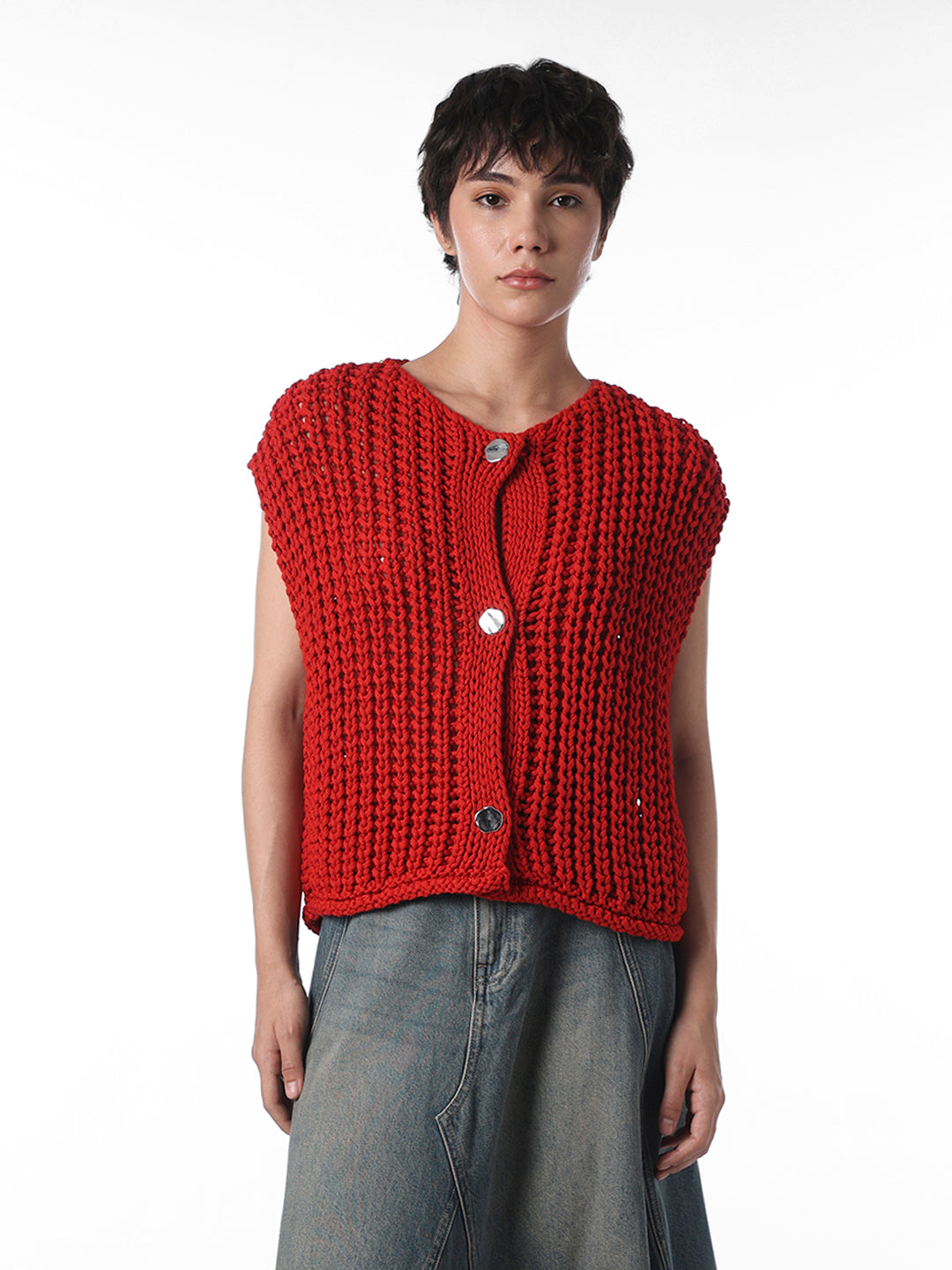 Red Ribbed Button Sweater Vest