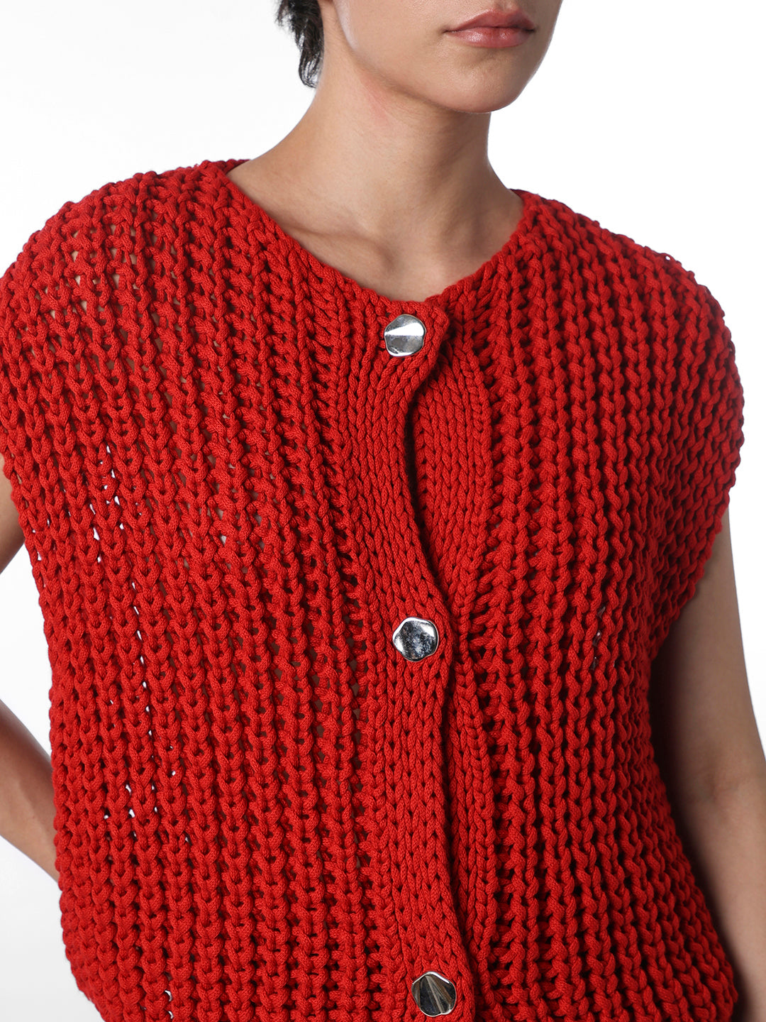 Red Ribbed Button Sweater Vest