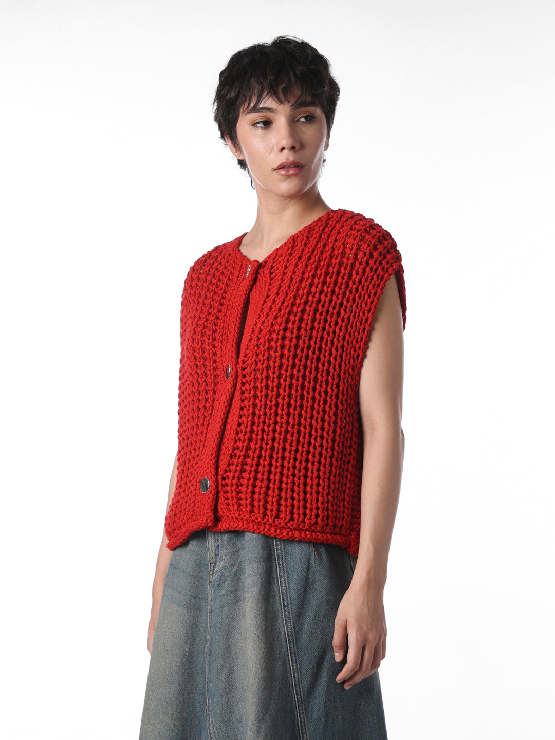 Red Ribbed Button Sweater Vest