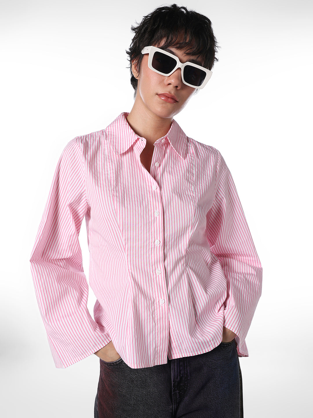 Pleated Striped Cotton Shirt - Pink - S