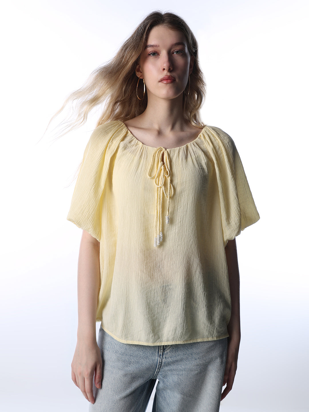 Crinkle Tie-Neck Top - Yellow