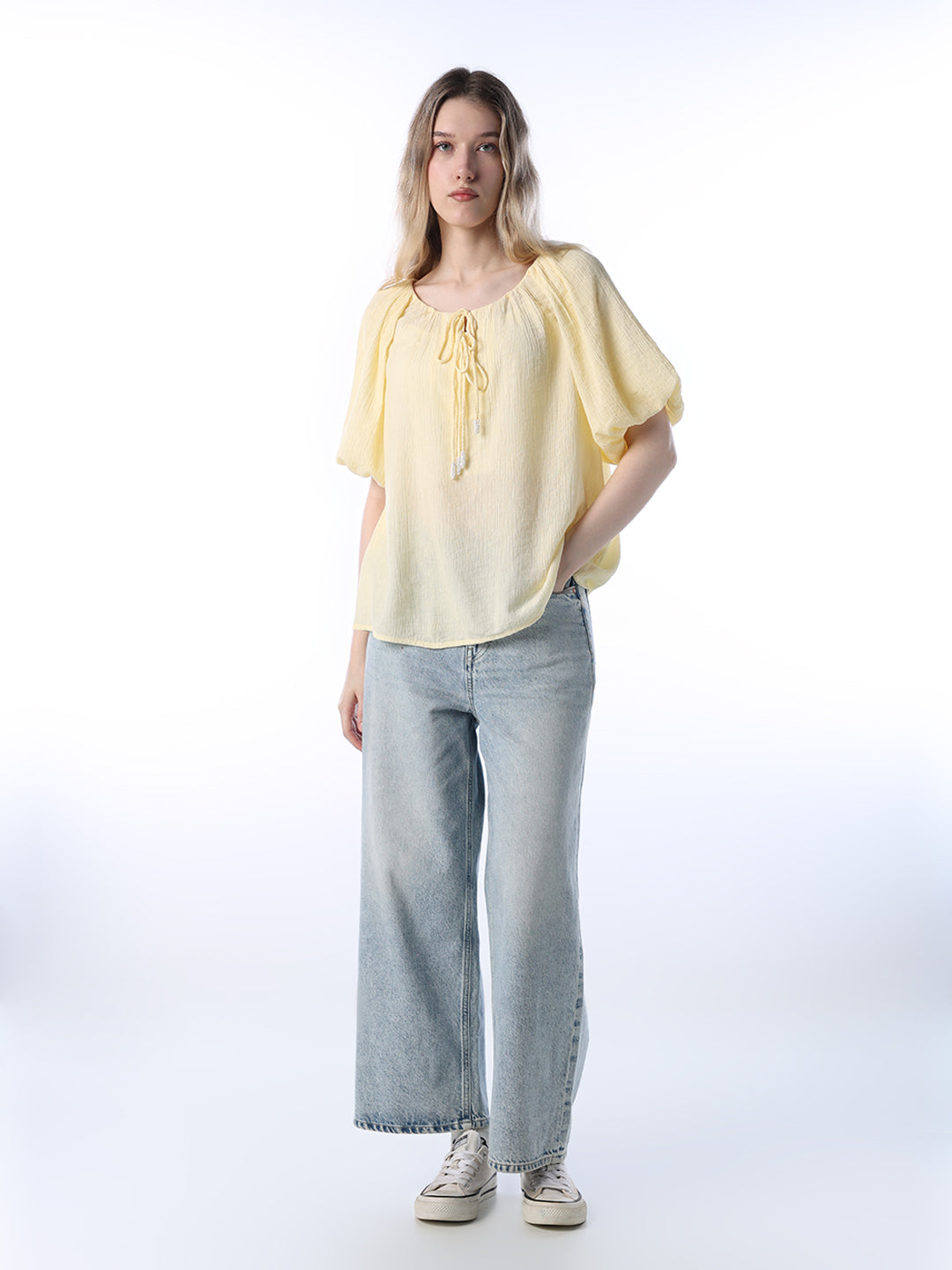 Crinkle Tie-Neck Top - Yellow