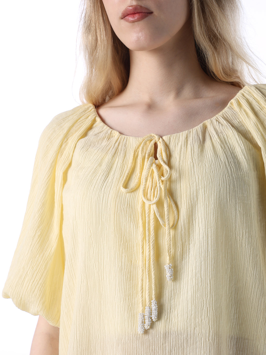 Crinkle Tie-Neck Top - Yellow