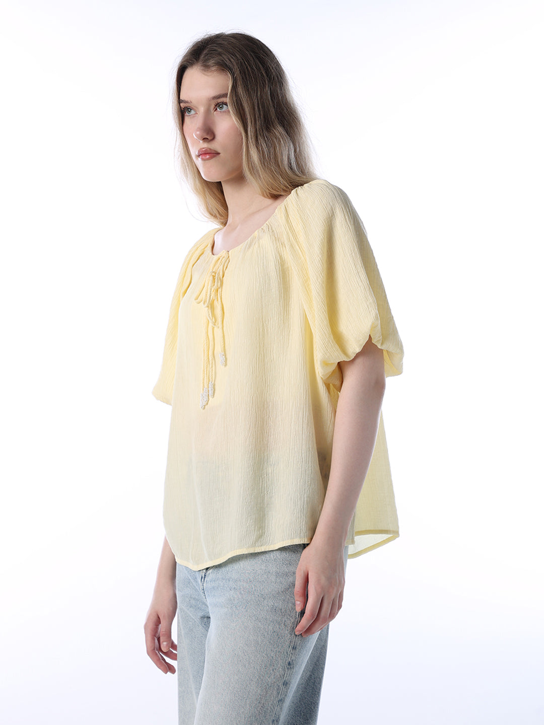 Crinkle Tie-Neck Top - Yellow