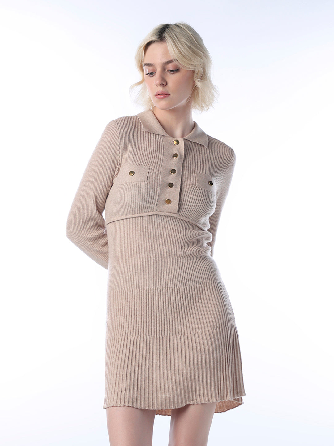 Beige Knitted Polo Dress