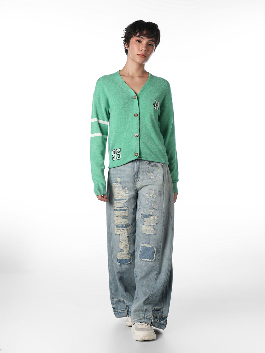 Green V-Neck Buttoned Pullover