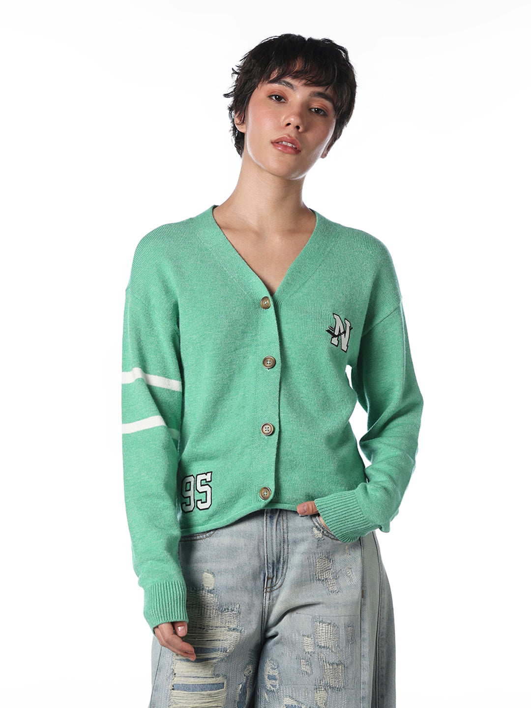 Green V-Neck Buttoned Pullover