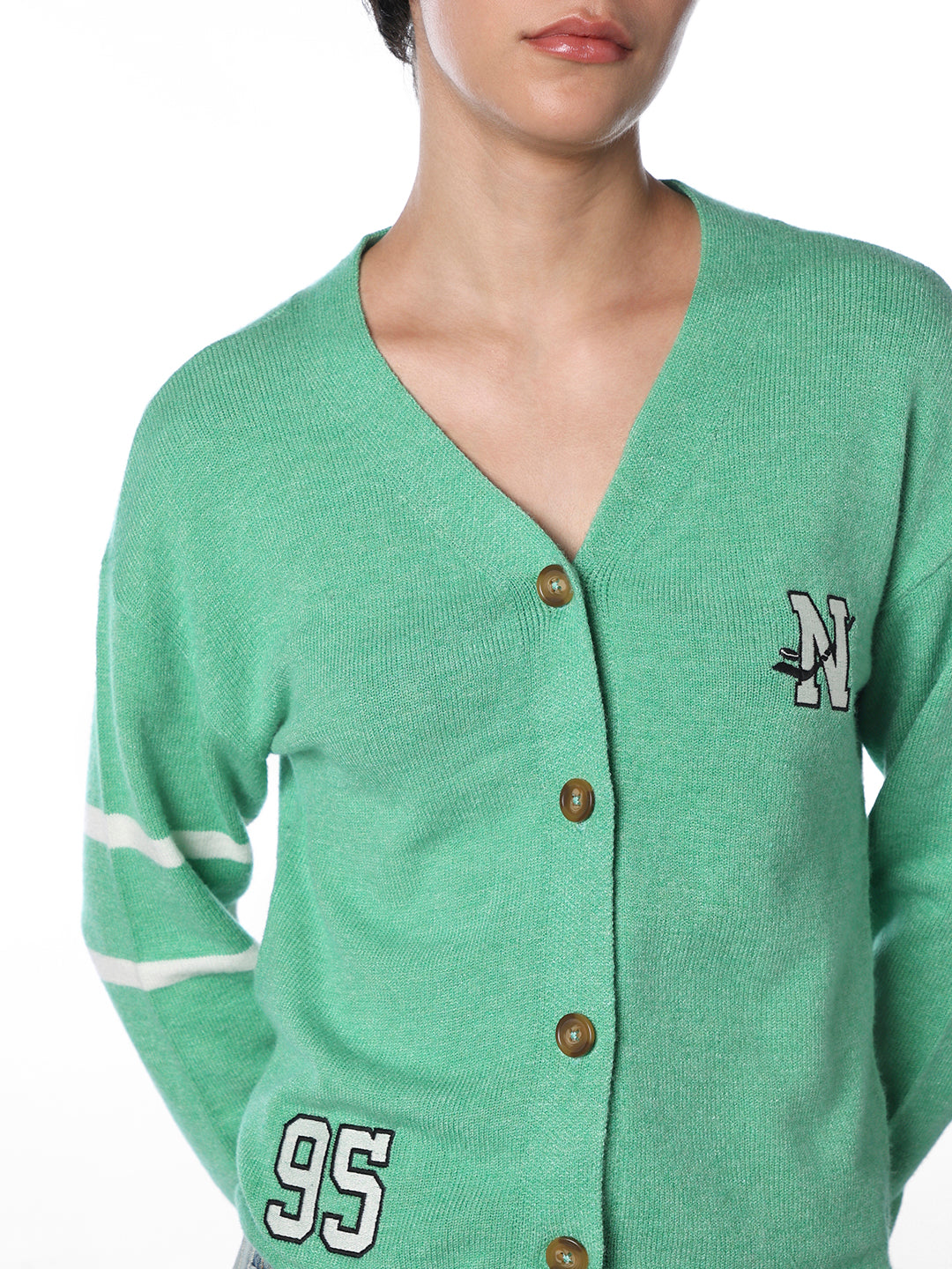 Green V-Neck Buttoned Pullover