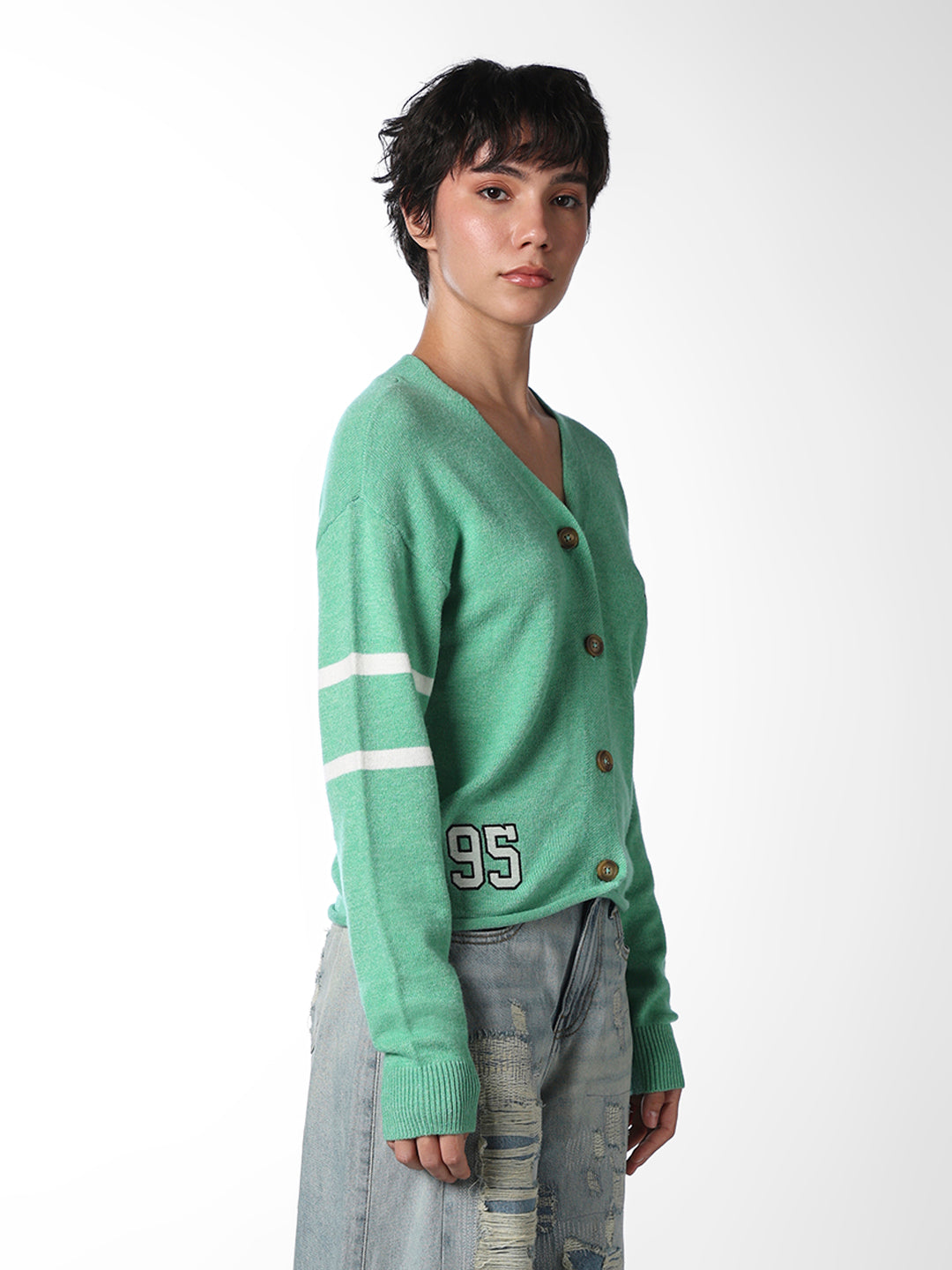 Green V-Neck Buttoned Pullover