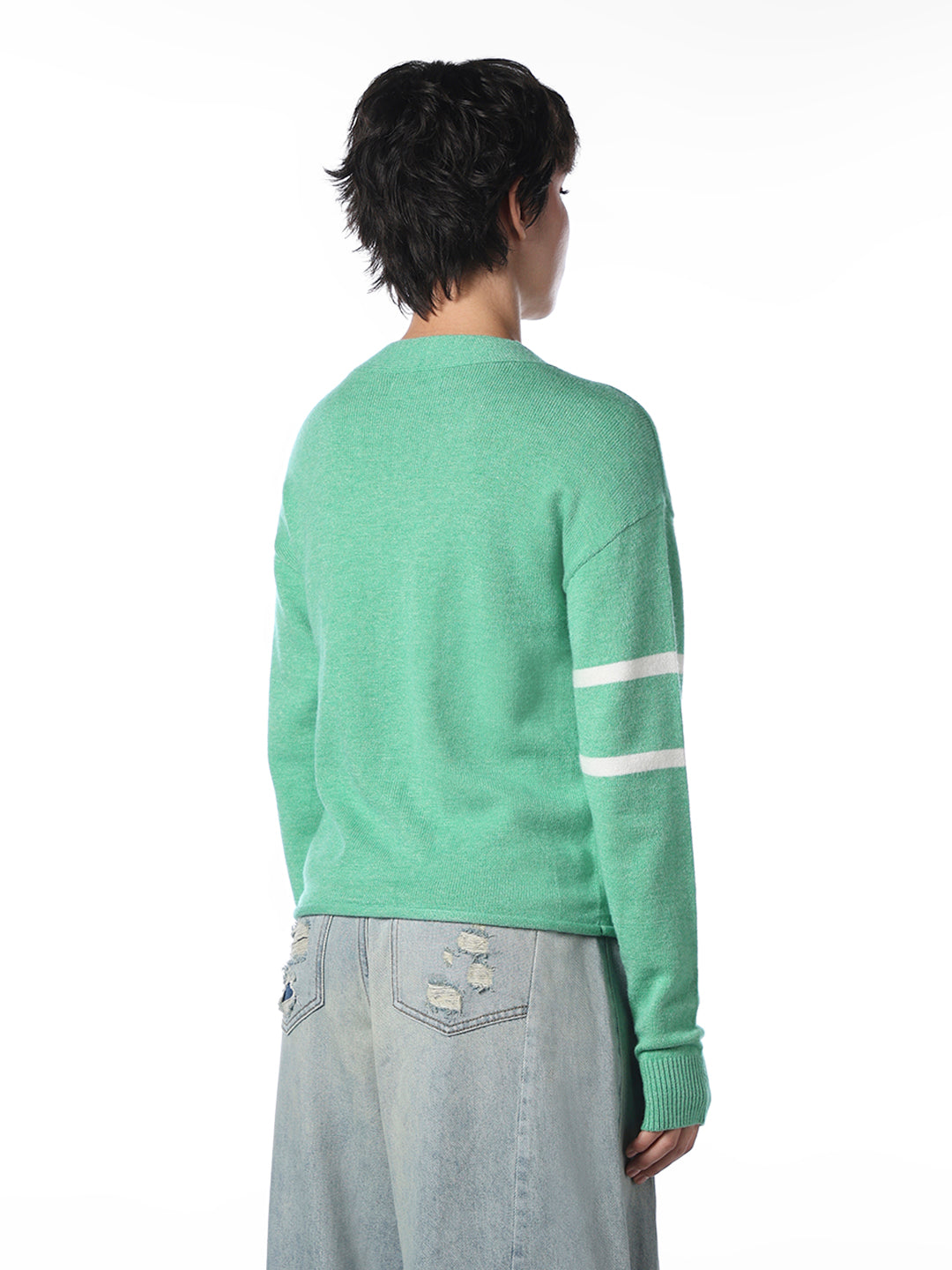 Green V-Neck Buttoned Pullover