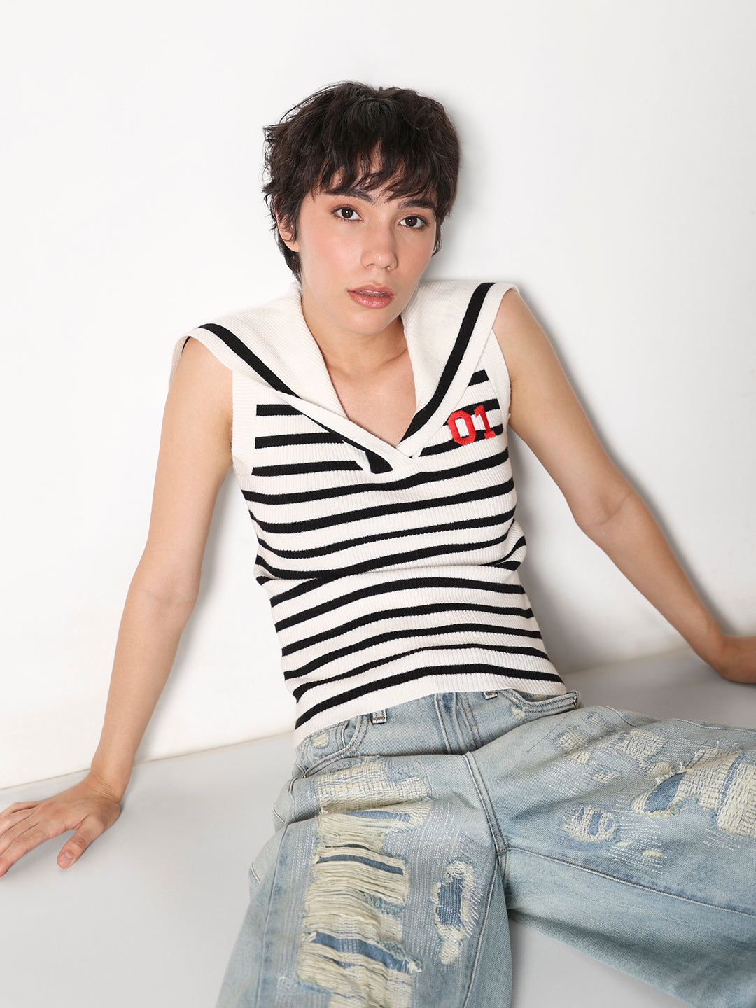 White Striped Fitted Pullover