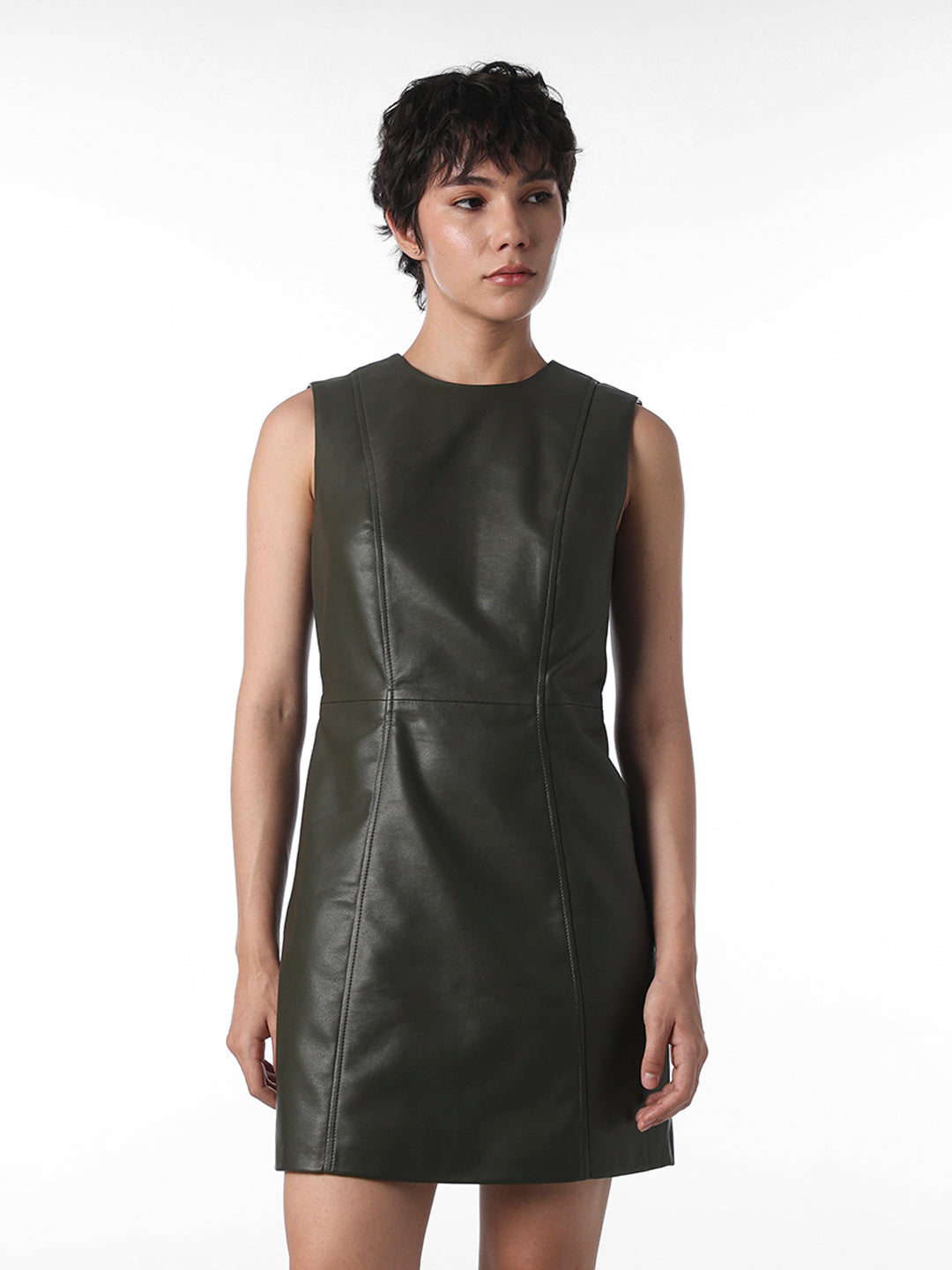 Olive Green Fitted Faux Leather Dress