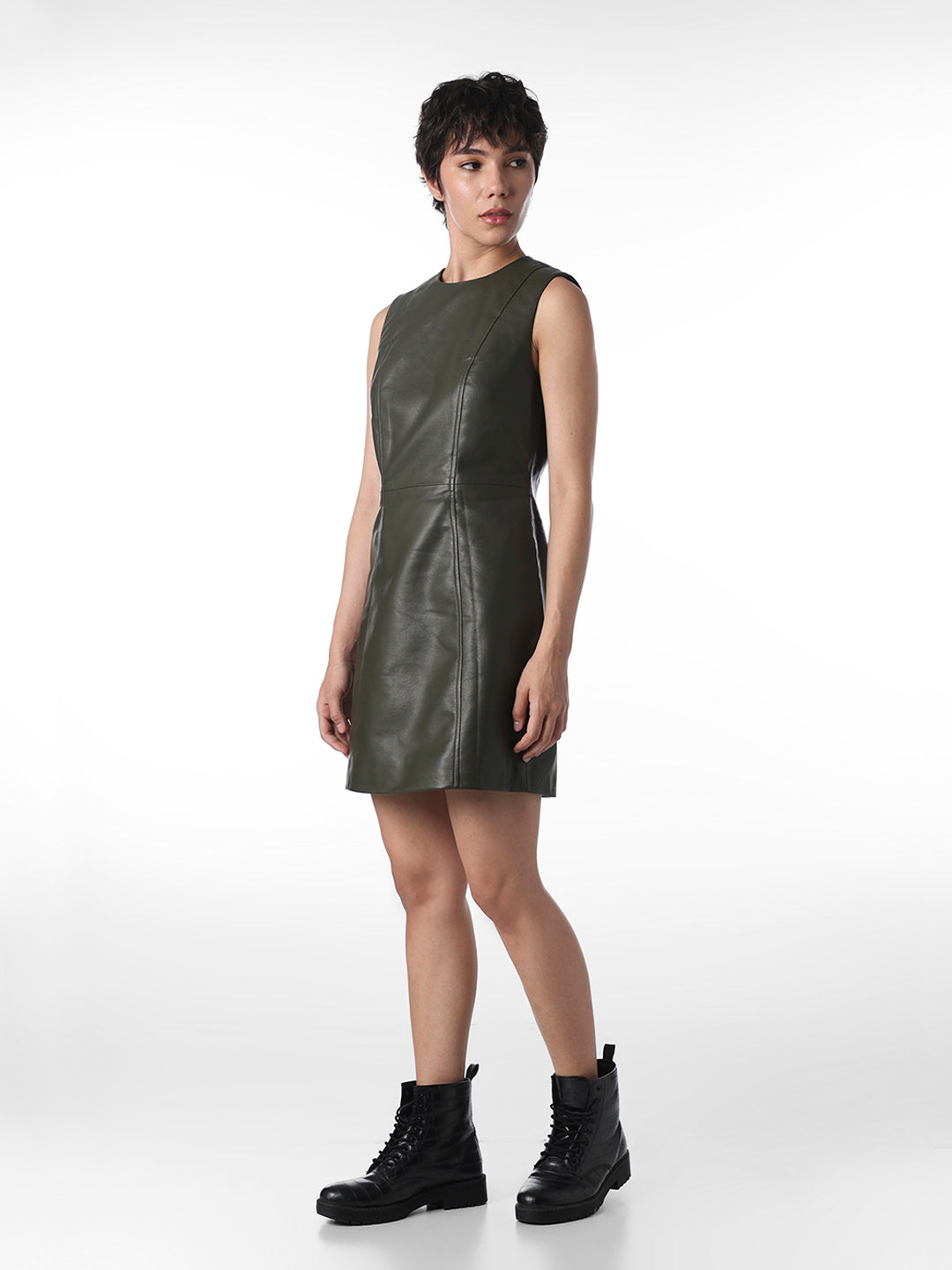 Olive Green Fitted Faux Leather Dress